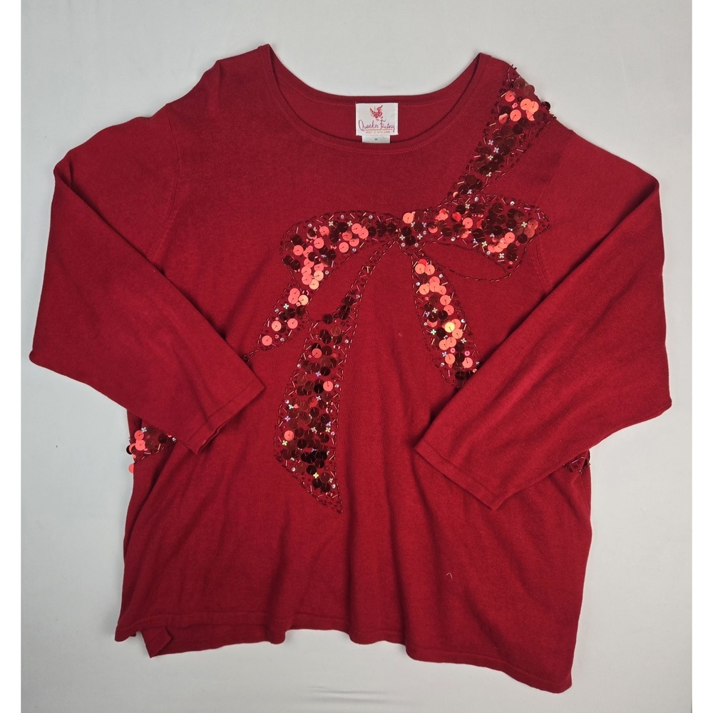 Womens Quacker Factory shirt sz 3X red light holiday sweater sequin holiday